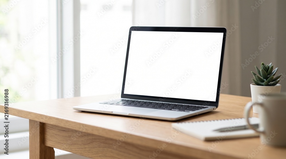 Fototapeta premium A modern laptop with a blank white screen on a wooden desk
