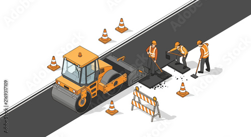 Asphalt road construction with steamroller, workers, and traffic cones. Isometric view.