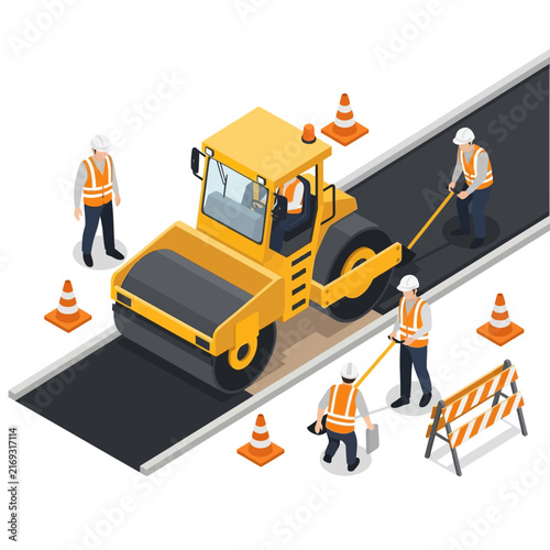 Asphalt road construction with steamroller and workers