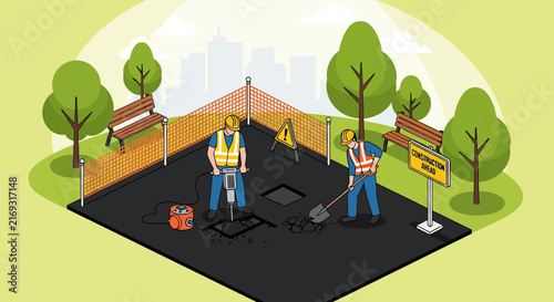City Park Construction: Workers Repair Asphalt with Jackhammer and Shovel