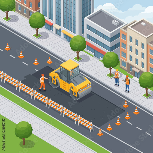 City road construction isometric view. Roller paving asphalt with workers and safety cones.