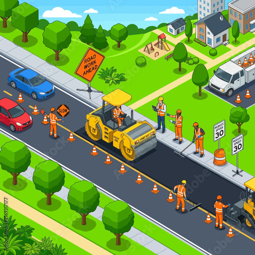 City Road Construction Isometric View: Workers, Paver, Safety Cones, Vehicles