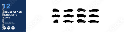 Minimalist Car Silhouettes Icons Set, Various Vehicle Outlines in Black, Simple Design Elements. with Transportation