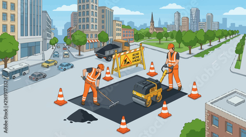 City road repair with workers, asphalt roller, and safety cones