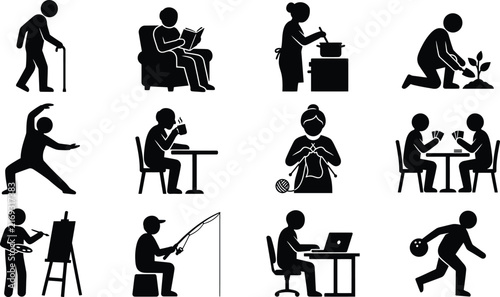 Senior lifestyle icon set showing hobbies daily routines active aging and retirement living