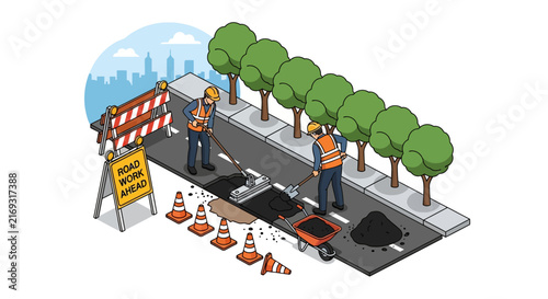Construction crew fixing pothole on city street with traffic cones and barriers
