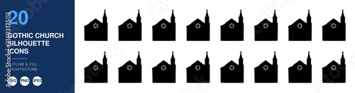 Gothic Church Silhouettes Icons Set, a Collection of Minimalist Black Outlines. Architectural Design Elements, Vector Illustration.