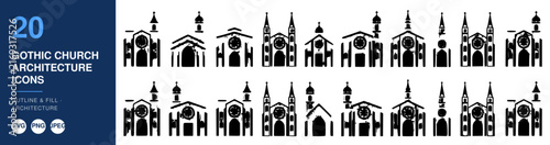 Gothic Church Architecture Icons Set with Detailed Silhouettes and Pointed Arches. Religious Building Design Elements for Illustration and Graphic