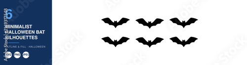 Bats, a Set of Six Minimalist Halloween Bat Silhouettes in Black Against a White Background. Spooky Vector Design.