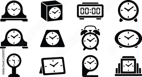 Photography Clock style icon set with diverse timekeeping designs for scheduling and busines