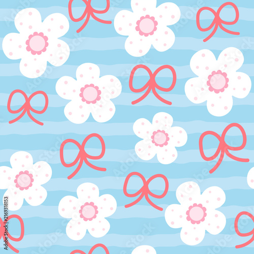 Cute Pastel Flower and Bow Pattern on Blue Wavy Background