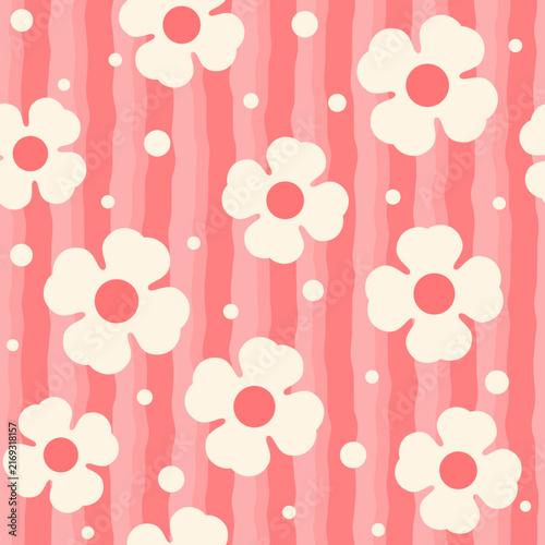 Bold Retro Floral Pattern on Dark Red Background Wavy line