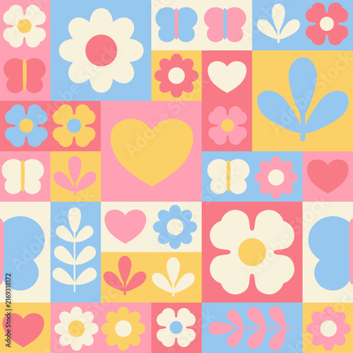 Pastel Floral Patchwork Pattern with Hearts and Butterflies chequered fabric