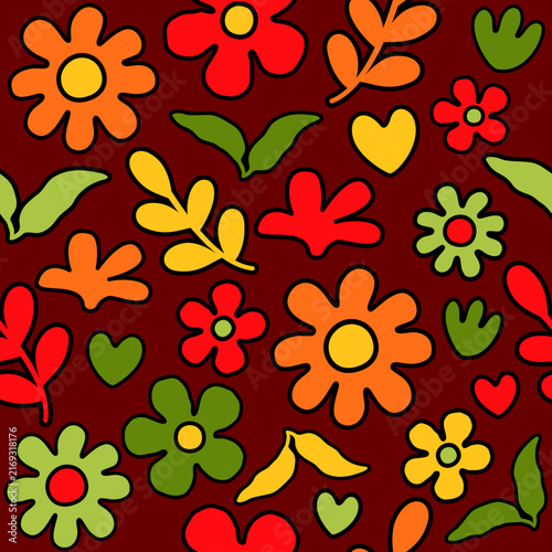 Bold Retro Floral Pattern on Dark Red Background
