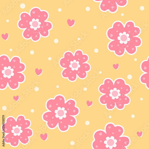 Cute Pink Flower and Heart Pattern on Yellow Background