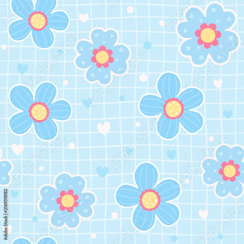 Pastel Blue Floral Pattern with Hearts and Grid Background