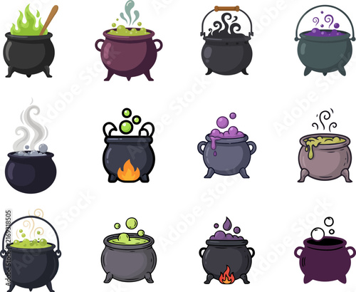 Cute cartoon witch cauldron vector icons featuring various magical bubbling potions for fun halloween graphic design elements