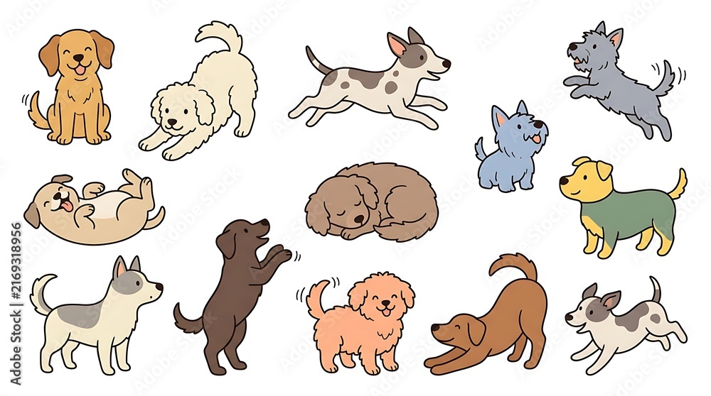Obraz premium Cute cartoon dog characters set featuring various puppy breeds in different poses including sleeping, running, and sitting vector illustration