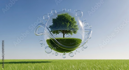 Teapot with Tree and Grass Inside, Bubbles, Clear Sky, Nature Concept