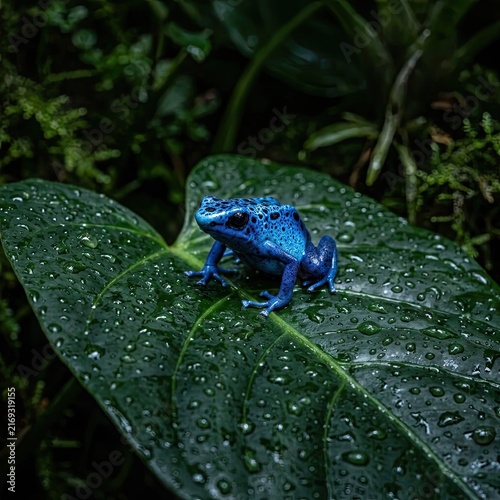Vibrant Blue Poison Dart Frog on Wet Leaf in Rainforest