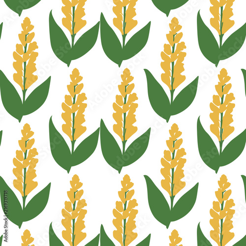 Yellow flowers with green leaves in a repeating pattern