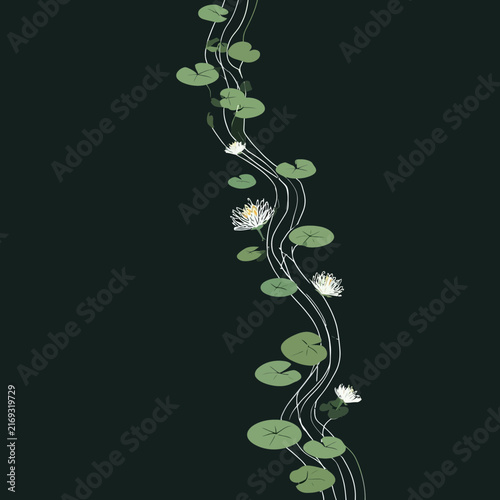 Water lilies and pads on flowing lines