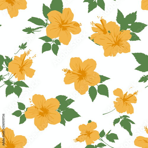 Yellow hibiscus flowers and green leaves on a white seamless pattern