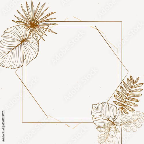 Elegant gold geometric frame with tropical leaves