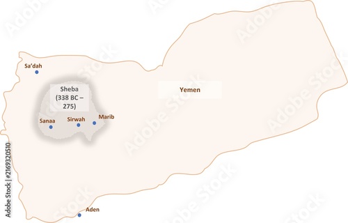 Historical Map Illustrating the Kingdom of Sheba (Saba) in Ancient Yemen (338 BC – 275 AD) with Major Historical Cities