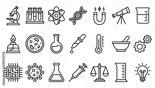 Chemistry biology and physics science laboratory equipment outline icons for educational and medical research concepts