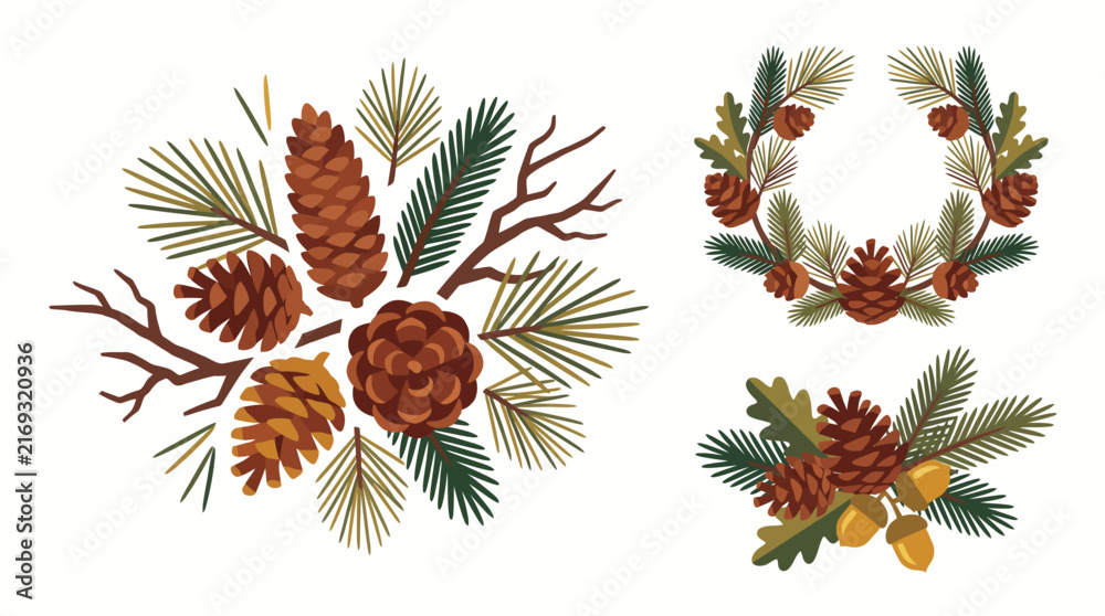 Fototapeta premium Elegant hand-drawn botanical collection featuring pine branches, pinecones, berries, dried flowers, and delicate woodland foliage arranged into decorative wreaths and natural compositions.