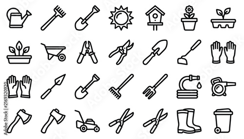 Collection of gardening tools and equipment outline icons for spring yard work and landscaping projects