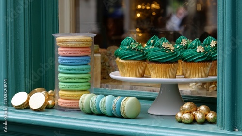 Colorful macarons and cupcakes displayed in shop window