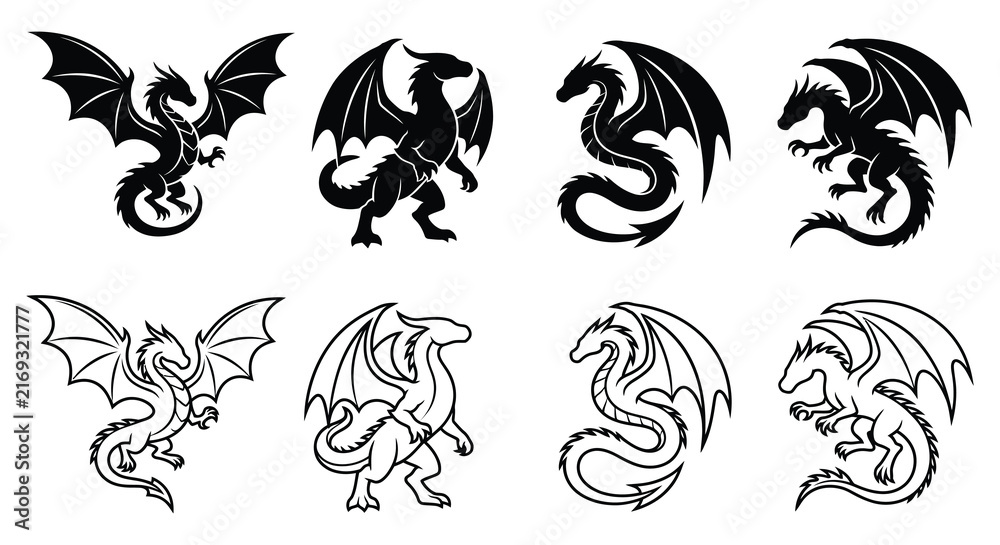 Fototapeta premium Eight black dragon silhouettes showcase various poses and wing positions