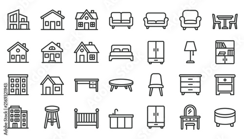 Residential houses and modern home interior furniture line art icon collection for real estate and decor