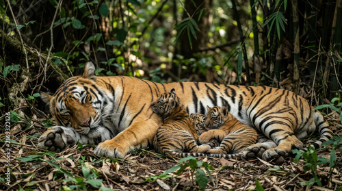 Mother Tiger Sleeps With Her Cubs in the Forest.