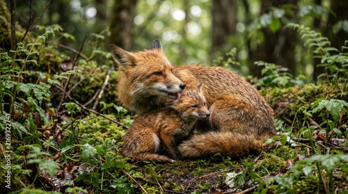 Red Fox Sleeping Curled Up in Lush Green Forest Undergrowth.