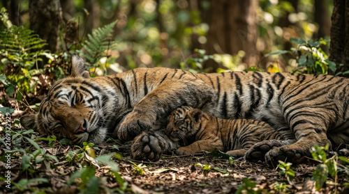 Tiger mother and cub resting peacefully in a lush green forest.