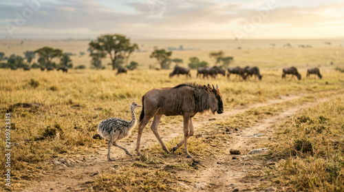 Wildebeest and Ostrich walking together in the African savanna.