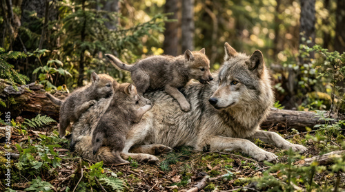 Wolf mother resting with her playful pups in a forest setting.