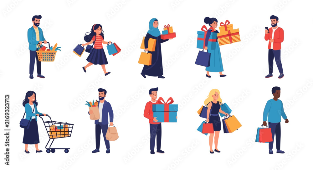 Fototapeta premium Flat vector illustration of diverse people representing various ethnicities and ages, symbolizing community, teamwork, and global unity in a vibrant, colorful graphic design.