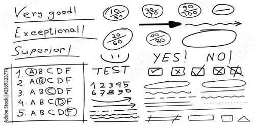 Collection of hand drawn educational grading marks and test correction symbols on a white background