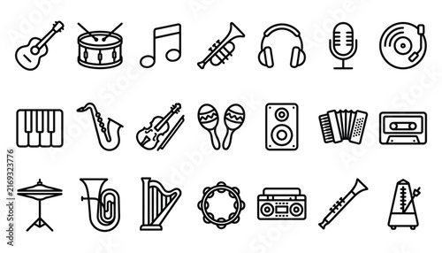 High Quality Detailed Outline Music Instrument And Audio Equipment Icon Collection For Creative Projects