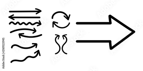 Collection of various hand drawn arrow shapes and direction indicators on a plain white background