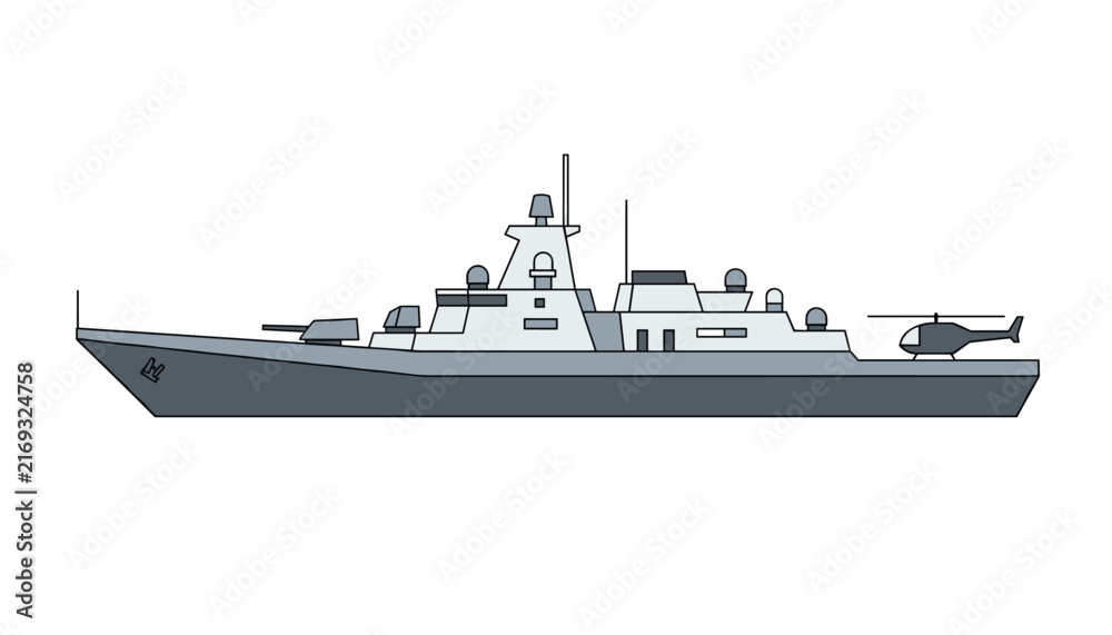 Obraz premium Gray military warship sails on white background featuring advanced naval weapons systems and a helicopter on helipad.