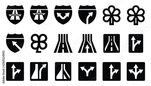 High Quality Detailed Solid Black Highway Road Sign And Traffic Navigation Icon Vector Collection For Designers