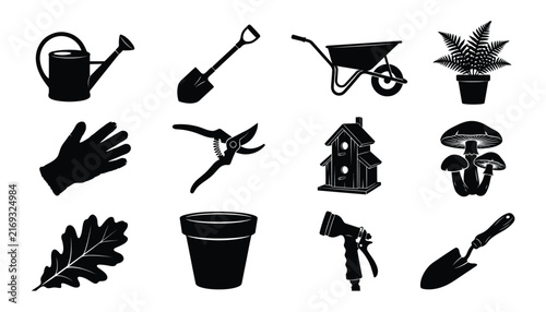 High Quality Detailed Solid Black Gardening And Agriculture Tools Nature Icon Collection For Graphic Design