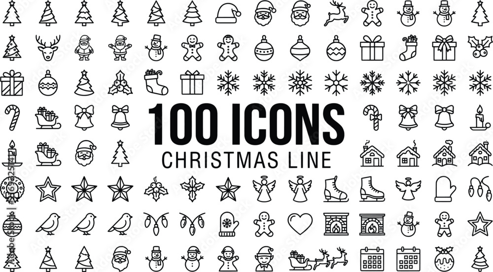 Obraz premium Christmas line icons set of 100 vector elements, holiday outline symbols for winter celebration, minimalist xmas thin line icon collection for web design