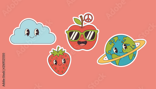 Cute collection of retro cartoon stickers featuring a smiling cloud, a strawberry, an apple with sunglasses, and a ringed planet.