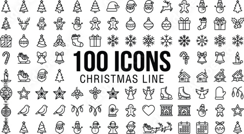 Christmas line icons set of 100 vector elements, holiday outline symbols for winter celebration, minimalist xmas thin line icon collection for web design